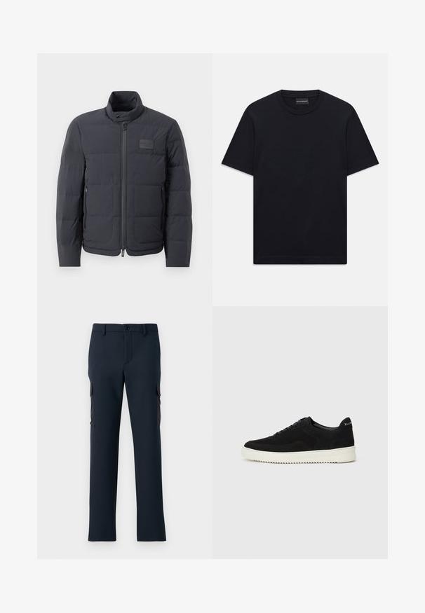 Czarna kurtka puchowa z wysokim kołnierzem, pikowanym wzorem i zamkiem z przodu. Posiada małą naszywkę z logo na lewej piersi oraz kieszenie boczne.; Czarna koszulka bawełniana z krótkim rękawem i okrągłym dekoltem, z subtelnym wytłaczanym logo na środku klatki piersiowej oraz metką z logo wewnątrz kołnierza.; Granatowe spodnie cargo wykonane z gładkiego materiału, z bocznymi kieszeniami, z przodem zapinanym na guzik oraz prostymi nogawkami.; Czarne zamszowe sneakersy z designem na sznurówki i kontrastującą białą gumową podeszwą. Posiadają teksturowane boczne panele oraz subtelne logo na pięcie.