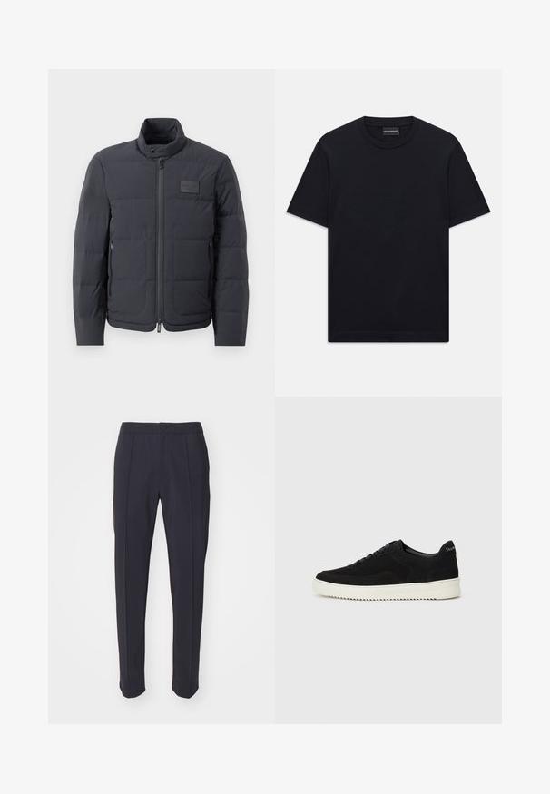 Svart puffjacka med hög krage, quiltad textur och dragkedja framtill. Har en liten logotipp på vänster bröst och sidfickor.; Svart kortärmad T-shirt med rund halsringning och subtilt upphöjd logodesign centrerad på bröstet samt en märkeslapp inuti kragen.; Marintröjor med skräddarsydd design, slät front och två framveck. Tillverkade av ett mjukt tyg med normal midjeband och knappstängning.; Svarta mockaskor med snörningsdesign och kontrasterande vita gummisulor. Har texturerade sidopaneler och diskret branding på hälen.