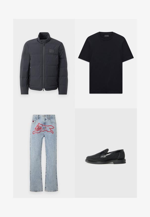 Must musternakk, millel on kõrge kaelus, tikkimise tekstuur ja esi tõmblukk. Iseloomustab väike logopatch vasakul rinnal ja küljetaskud.; Must ja lühikeste varrukatega T-särk ümaratest kaelusest, diskreetne reljeefne logo disain, mis on keskendatud rinnale, ja kaubamärgiga silt kaeluses.; Heledad sinine teksapüksid, sirge lõikega, mille taga on suur punane joonistatud kassigraafika ja traditsiooniline viie tasku stiil.; Must musta kootud slip-on king, millel on pehme nahast accent ülaserval, ümmargune varvas ja madal profiiliga kummitald.