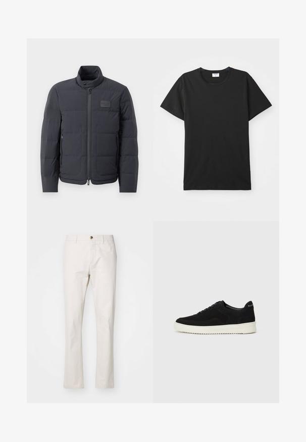 Chaqueta acolchada negra con cuello alto, textura acolchada y cierre frontal. Presenta un pequeño parche con logo en el pecho izquierdo y bolsillos laterales.; Camiseta negra de manga corta con cuello redondo, hecha de tela de algodón suave. Diseño sencillo sin patrones ni acentos.; Pantalones de algodón mezcla color beige con corte recto, que cuentan con un cierre de botón frontal, pasadores para cinturón y un diseño minimalista. Textura suave.; Zapatilla de ante negra con diseño de cordones y suela de goma blanca contrastante. Presenta paneles laterales texturizados y un sutil logo en el talón.