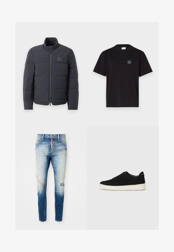 Černá péřová bunda s vysokým límcem, prošívanou strukturou a předním zipem. Obsahuje malé logo na levé straně hrudi a boční kapsy.; Černé bavlněné tričko s kulatým výstřihem a krátkými rukávy. Na levé části hrudi se nachází malé modré logo. Jednoduchý, rovně střižený design.; Světle modré vyteplené skinny džíny s malým roztrhnutím na pravém stehně a červeným značkovým štítkem blízko předního zipu.; Černé semišové tenisky s krajkovým designem a kontrastní bílou gumovou podrážkou. Obsahují texturované boční panely a jemné branding na patě.