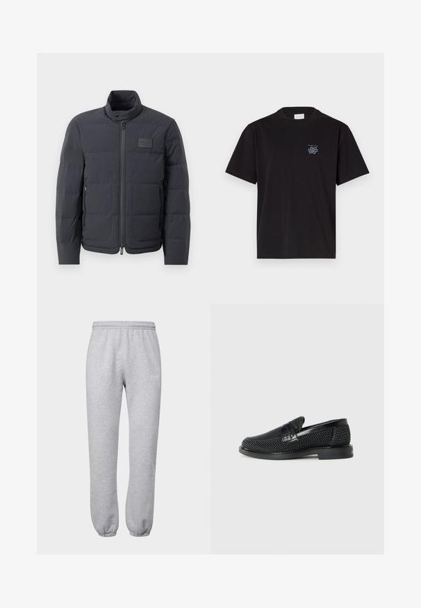 Melna pūkaina jaka ar augstu apkakli, quiltota tekstūra un priekšējo rāvējslēdzēju. Iekļauj mazu logotipa plāksteri kreisajā krūtī un sānu kabatas.; Melna kokvilnas T-kreklu ar apaļu kaklu un īsām piedurknēm. Saturs mazu zilu logotipu kreisajā krūtī. Vienkāršs, taisns griezums.; 7 DAYS Active ORGANIC FITTED SWEATPANTS - Treniņtērpa apakšdaļas - heather grey; Melnas austas slaidu kurpes ar gludu ādas akcentu augšpusē, apaļas formas purngalu un zemas profila gumijas zoli.