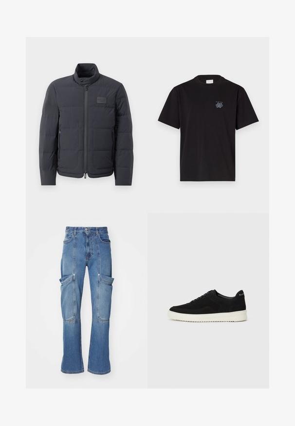 Black puffer jacket with a high collar, quilted texture, and a front zipper. Features a small logo patch on the left chest and side pockets.; Black cotton t-shirt with a crew neck and short sleeves. Features a small blue logo on the left chest. Simple, straight-cut design.; Denim cargo pants in light blue with a high waist, multiple side pockets, and flared legs, featuring contrasting stitching and a zip closure.; Black suede sneaker with lace-up design and contrasting white rubber sole. Features textured side panels and subtle branding on the heel.