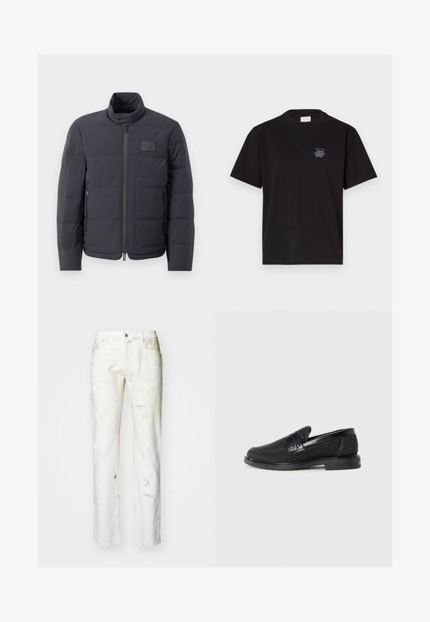 Čierna puffová bunda s vysokým golierom, prešívanou textúrou a predným zipsom. Obsahuje malú nášivku loga na ľavej hrudi a bočné vrecká.; Čierne bavlnené tričko s okrúhlym výstrihom a krátkymi rukávmi. Obsahuje malú modrú nášivku na ľavej hrudi. Jednoduchý, rovný strih.; Biele džínsy s rovnýmu strihu. Majú viditeľné škvrny od farby, zips a päť vreciek. Mäkka textúra s mierne opotrebovaným vzhľadom.; Čierne tkané slip-on topánky s hladkým koženým akcentom na vrchnej časti, s okrúlym dizajnom špičky a nízkoprofilovou gumovou podrážkou.