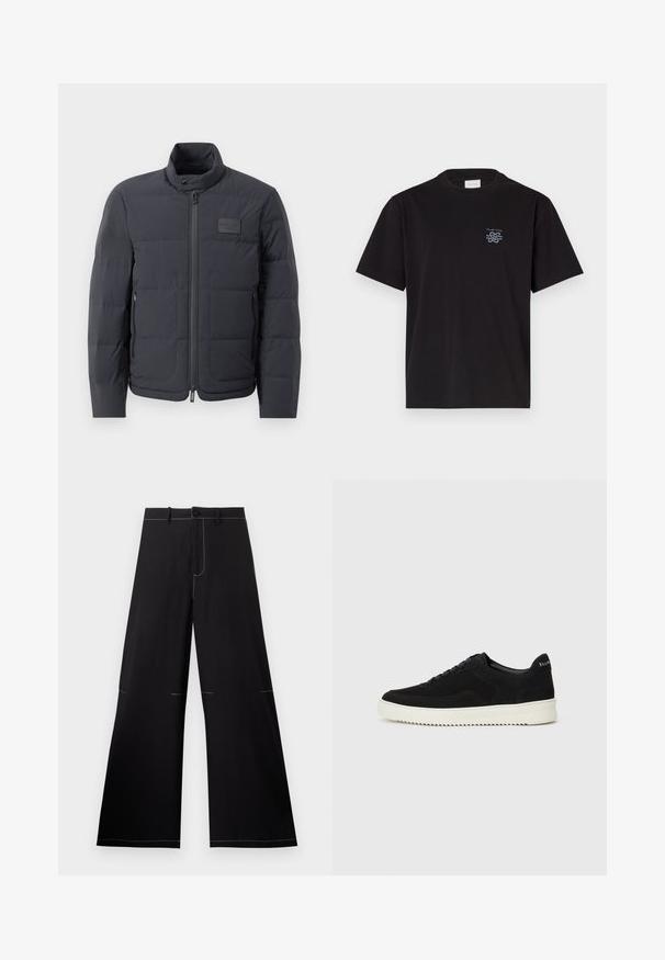 Black puffer jacket with a high collar, quilted texture, and a front zipper. Features a small logo patch on the left chest and side pockets.; Black cotton t-shirt with a crew neck and short sleeves. Features a small blue logo on the left chest. Simple, straight-cut design.; Black wide-leg pants with white stitching details, featuring a button closure and a belt loop waistband. Made from lightweight fabric.; Black suede sneaker with lace-up design and contrasting white rubber sole. Features textured side panels and subtle branding on the heel.