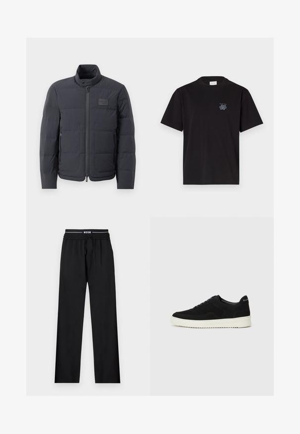 Schwarze Daunenjacke mit hohem Kragen, gestepptem Muster und einem Reißverschluss vorne. Verfügt über ein kleines Logopatch auf der linken Brust und seitliche Taschen.; Schwarzes Baumwoll-T-Shirt mit Rundhalsausschnitt und kurzen Ärmeln. Mit einem kleinen blauen Logo auf der linken Brust. Einfaches, gerade geschnittenes Design.; Schwarze Hosen mit lockerer Passform, elastischem Taillenbund, verstellbarem Kordelzug und Seitentaschen. Aus glattem, ungemustertem Stoff hergestellt.; Schwarze Wildleder-Sneaker mit Schnürdesign und kontrastierender weißer Gummisohle. Verfügt über strukturierte Seitenpaneele und dezentes Branding an der Ferse.