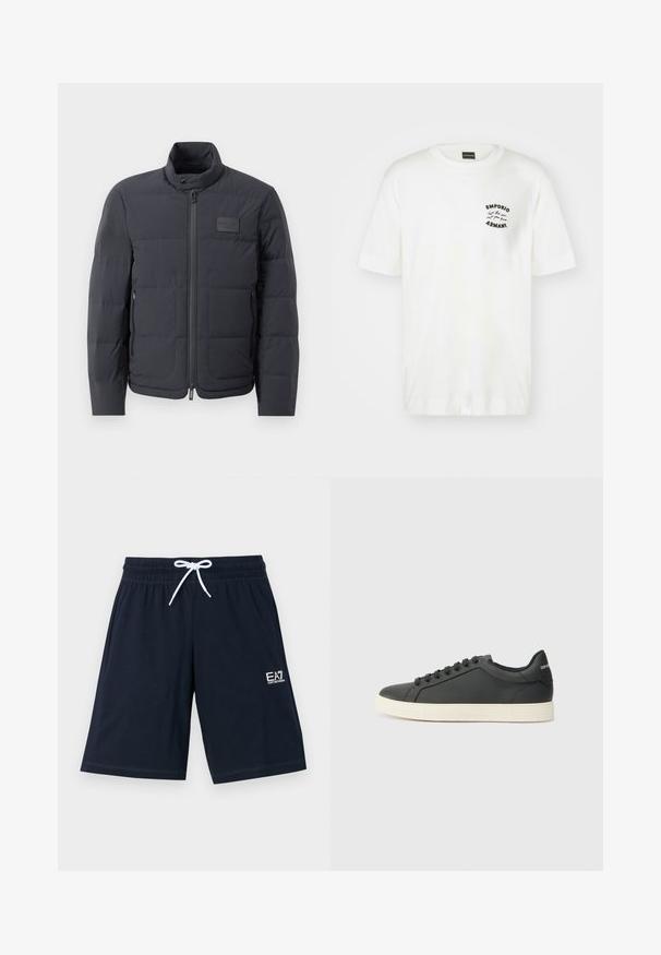 Černá péřová bunda s vysokým límcem, prošívanou strukturou a předním zipem. Obsahuje malé logo na levé straně hrudi a boční kapsy.; Bílý bavlněný tričko s kulatým výstřihem a krátkými rukávy. Na levé straně hrudi má černě vyšitý logo. Hladký povrch.; Námořnické modré kraťasy vyrobené z měkké tkaniny s elastickým pasem a bílou šňůrkou. Disponují malým bílým logem na dolní levé straně.; Černé kožené tenisky s nízkým profilem, zaoblenou špičkou a šněrováním; mají texturovanou gumovou podrážku a logo na patě.