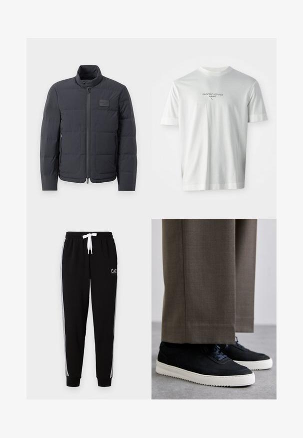 Juodas pūkuotas džemperis su aukštu kaklu, siuvinėta tekstūra ir priekiniais užtrauktukais. Yra mažas logotipo pleistras kairėje krūtinės pusėje ir šoniniai kišeniai.; Balta trumpa rankovėmis marškinėliai su subtiliais iškiliais rašmenimis krūtinėje "EMPORIO ARMANI MILANO" logotipu.; EA7 Emporio Armani PANTALONI - Treningo apatinė dalis - black; Juodi zomšiniai sportbačiai su baltais guminiais padais, su apvalia nosimi ir raišteliais, dėvimi su pilkais pritaikytais kelnais.