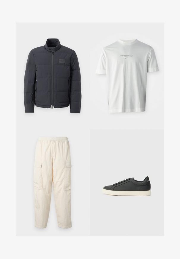 Čierna puffová bunda s vysokým golierom, prešívanou textúrou a predným zipsom. Obsahuje malú nášivku loga na ľavej hrudi a bočné vrecká.; Biele tričko s krátkym rukávom s logom "EMPORIO ARMANI MILANO" umiestneným na hrudi v jemne vystúpenom písme.; Béžové cargo nohavice s elastickým pásom, obsahujúce dve bočné vrecká a mäkký, ľahký materiál. Zvrásnená textúra.; Čierne kožené tenisky s nízkym profilom, zaoblenou špičkou a šnurovaním; obsahujú textúrovanú gumovú podrážku a logo na päte.