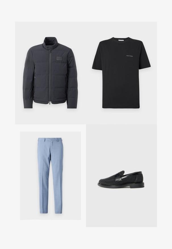 Juodas pūkuotas džemperis su aukštu kaklu, siuvinėta tekstūra ir priekiniais užtrauktukais. Yra mažas logotipo pleistras kairėje krūtinės pusėje ir šoniniai kišeniai.; Juoda medvilnės marškinėliai su apvaliu kaklu, trumpomis rankovėmis ir mažu baltu „TIGER OF SWEDEN“ logotipu krūtinėje. Klasikinis siluetas.; Šviesiai mėlynos kelnės, pagamintos iš lengvos medžiagos, su tiesiomis kojomis, priekinėmis kišenėmis ir subtilia tekstūra.; Juodas pintas slip-on tipo batelis su lygiu odiniu akcentu viršuje, apvalios nosies dizainas ir žemas guminis padas.