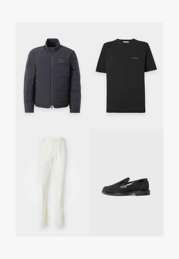 Fekete steppelt dzseki magas gallérral, steppelt textúrával és elülső cipzárral. Bal mellkason egy kis logófolt található, valamint oldalsó zsebek.; Fekete pamut póló kerek nyakkivágással, rövid ujjakkal és egy kis fehér "TIGER OF SWEDEN" logóval a mellkasán. Klasszikus fazon.; Fehér, pamut anyagú nadrág, egyenes szabással, lapos elülső résszel, és nincs rajta látható minta vagy fém kiegészítő. Simaszövet.; Fekete szőtt slip-on cipő sima bőr díszítéssel a felsőrészen, kerek orral és alacsony profilos gumitalppal.