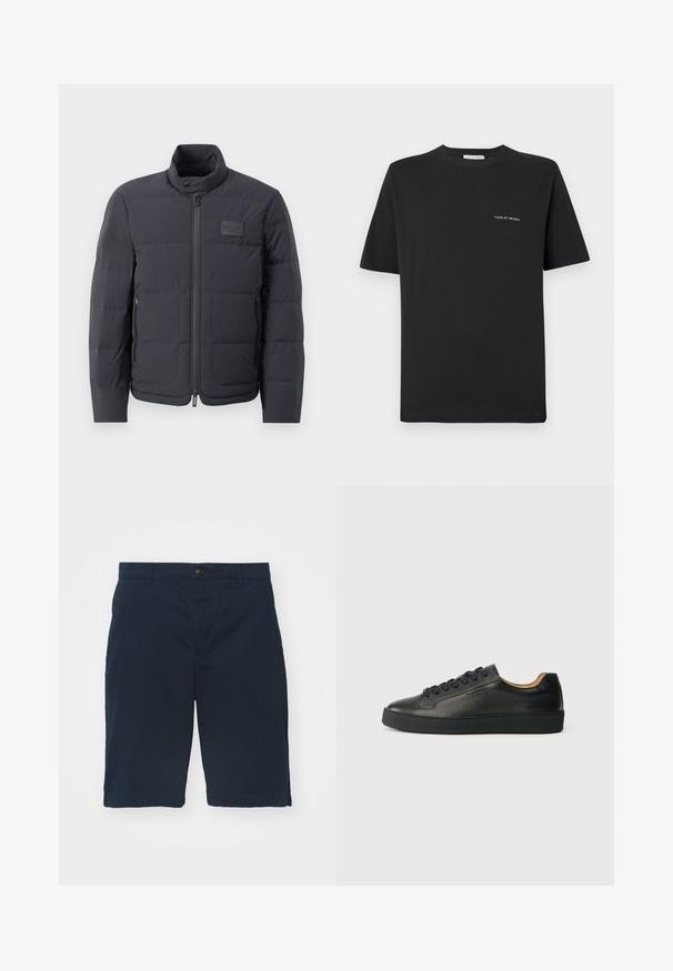 Jachetă puf neagră cu guler înalt, textură matlasată și fermoar frontal. Are un badge logo mic pe pieptul stâng și buzunare laterale.; Tricou negru din bumbac cu guler rotund, mâneci scurte și un mic logo alb "TIGER OF SWEDEN" pe piept. Croială clasică.; Bermude bleumarin din bumbac, cu față plată, închidere cu buton și buzunare laterale. Lungime până la genunchi, cu o textură netedă și cusături curate.; Sneaker din piele neagră, cu călcâi jos, având o suprafață texturată, șireturi negre și un toc gros din cauciuc, prezentat din lateral pe un fundal deschis.