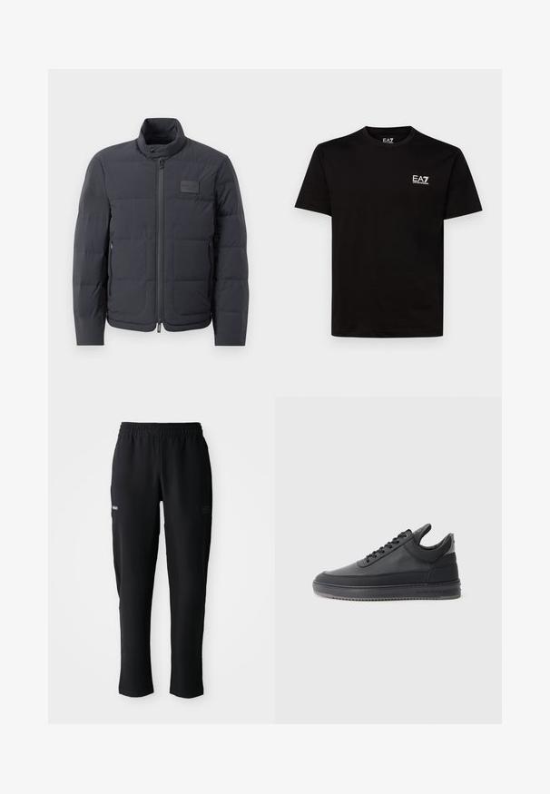 Svart puffjacka med hög krage, quiltad textur och dragkedja framtill. Har en liten logotipp på vänster bröst och sidfickor.; Svart bomulls t-shirt med rund hals, korta ärmar och liten vit EA7-logotyp på vänster bröst. Slätt material och vanligt passform.; Svarta träningsbyxor med elastisk midja, sidofickor och diskreta logotryck på lårområdena, visade på vit bakgrund.; Svarta läder sneakers med en texturerad yta, snörningsdesign, låg modell och en grå gummisula med räfflad kant.