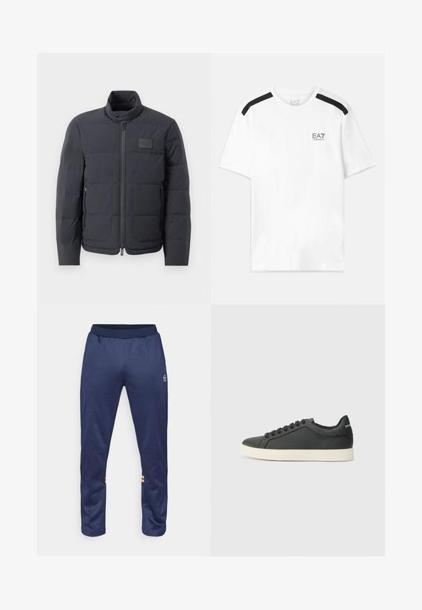 Zwarte pufferjack met een hoge kraag, gewatteerde textuur en een rits aan de voorkant. Beschikt over een klein logo-opdruk op de linkerborst en zijzakken.; Witte t-shirt met korte mouwen en zwarte accentstrepen op de schouders. Heeft een klein zwart logo op de borst. Gemaakt van zachte, gladde stof.; Marineblauwe sportbroek met een elastische tailleband, twee zijstrepen in oranje op de onderbenen en een logo op de bovenste rechterbeen.; Zwarte leren sneaker met een laag profiel, ronde neus en vetersluiting; beschikt over een getextureerde rubberen zool en logo-detail op de hiel.