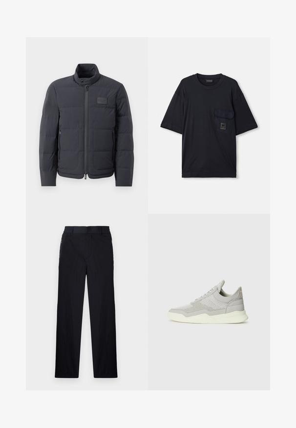 Črna napihnjena jakna z visokim ovratnikom, prešito teksturo in sprednjim zadrgo. Ima majhno logo nalepko na levem prsnem delu in stranske žepe.; Črna kratkosleeve majica s krožnim izrezom in žepom na levem prsnem delu, ki vsebuje majhen pravokotni logotip.; Črne hlače iz lahke, teksturirane tkanine, ravne noge, elastičen pas in stranski žepki na zadrgo.; Sive teniske z mrežasto in semiš površino, gumijastim podplatom in svetlim akcenti. Imajo ukrivljen dizajn in teksturirane panele.