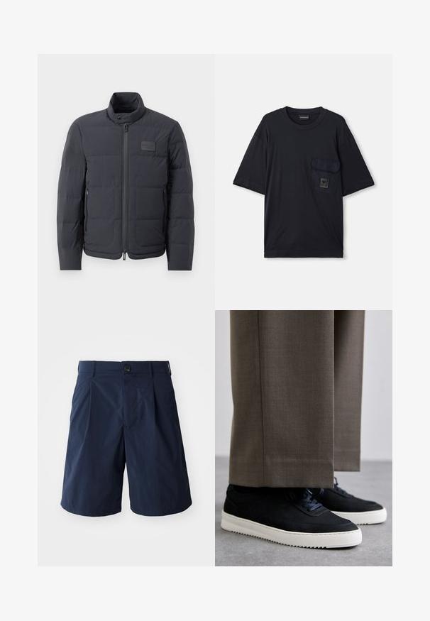 Jachetă puf neagră cu guler înalt, textură matlasată și fermoar frontal. Are un badge logo mic pe pieptul stâng și buzunare laterale.; Tricou negru cu mânecă scurtă, de tip crew neck, cu un buzunar cu clapă pe partea stângă a pieptului, având o mică etichetă rectangulară cu logo.; Pantaloni scurți bleumarin dintr-o țesătură ușoară, având închidere cu nasture, buzunare laterale și un design simplu cu plii în față.; Tenisi din suede negru cu talpă din cauciuc alb, având vârf rotunjit și șireturi, purtați cu pantaloni gri ajustați.