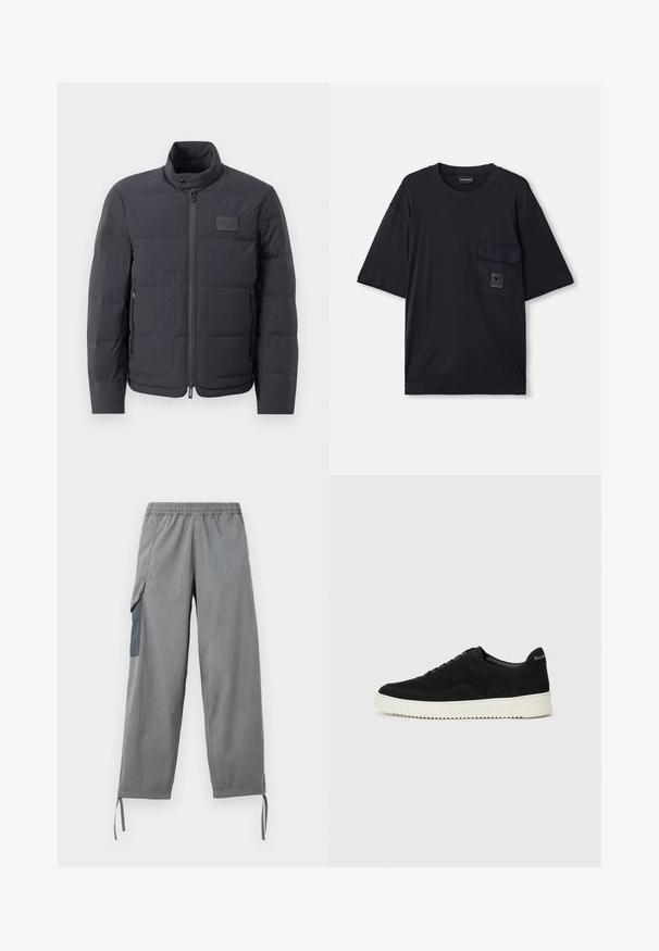 Juodas pūkuotas džemperis su aukštu kaklu, siuvinėta tekstūra ir priekiniais užtrauktukais. Yra mažas logotipo pleistras kairėje krūtinės pusėje ir šoniniai kišeniai.; Juodas trumpas rankovės marškinėlis su apvalia kaklo iškirpte, su kišene kairėje krūtinės pusėje, ant kurios yra mažas stačiakampio formos logotipas.; Pilki lengvi cargo kelnės su elastinga juosmens juosta, šonine kišene, reguliuojamais rankovėmis ir lygiu tekstūra.; Juodos veliūrinės sportinės bateliai su raištelių dizainu ir kontrastinga balta gumine padais. Yra tekstūruoti šoniniai skydeliai ir subtilus logotipas ant kulno.