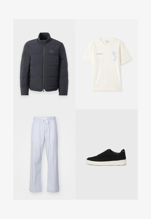 Doudoune noire avec un col montant, texture matelassée et fermeture éclair à l'avant. Elle possède une petite étiquette avec logo sur la poitrine gauche et des poches latérales.; T-shirt en coton blanc à manches courtes, présentant le texte « United By Rhythm » en noir et bleu sur la poitrine. Design à col rond.; Pantalons de pyjama rayés bleu clair avec une taille élastique et un cordon de serrage. Fabriqués dans un tissu lisse, avec un design décontracté et des jambes droites.; Baskets en daim noir avec un design à lacets et une semelle en caoutchouc blanc contrastant. Comprend des panneaux latéraux texturés et un logo subtil sur le talon.