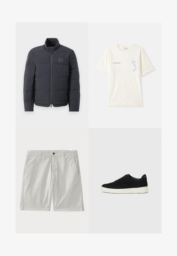 Black puffer jacket with a high collar, quilted texture, and a front zipper. Features a small logo patch on the left chest and side pockets.; White cotton t-shirt with short sleeves, featuring “United By Rhythm” text in black and blue graphic on the chest. Round neck design.; White cotton shorts featuring a button closure, belt loops, and side pockets. The fabric appears smooth with a classic, tailored design.; Black suede sneaker with lace-up design and contrasting white rubber sole. Features textured side panels and subtle branding on the heel.