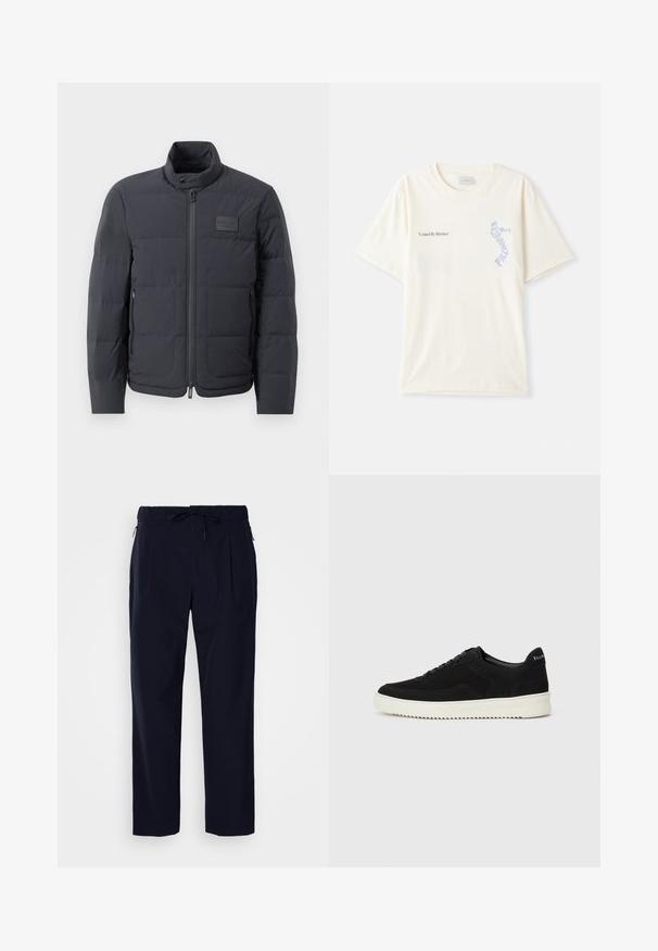 Fekete steppelt dzseki magas gallérral, steppelt textúrával és elülső cipzárral. Bal mellkason egy kis logófolt található, valamint oldalsó zsebek.; Fehér pamut póló rövid ujjakkal, az „Egy ritmus által összekapcsolva” felirattal fekete és kék grafikával a mellkason. Kerek nyakú kialakítás.; J.LINDEBERG JIN PLEATED - Nadrágok - navy; Fekete velúr sportcipő fűzős dizájnnal és kontrasztos fehér gumitalppal. Jellemzői a textúrázott oldalpanelek és a diszkrét logó a sarokon.