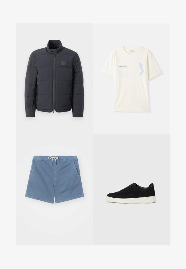 Jachetă puf neagră cu guler înalt, textură matlasată și fermoar frontal. Are un badge logo mic pe pieptul stâng și buzunare laterale.; T-shirt alb din bumbac cu mâneci scurte, având textul „United By Rhythm” în grafică neagră și albastră pe piept. Design cu guler rotund.; NN.07 GREGOR - Pantaloni scurți - blue; Adidași negri din suede cu design cu șireturi și talpă din cauciuc alb contrastant. Prezintă panouri laterale texturate și branding subtil pe toc.