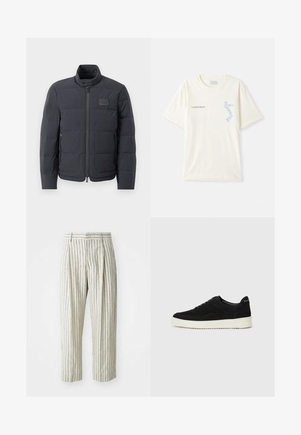 Chaqueta acolchada negra con cuello alto, textura acolchada y cierre frontal. Presenta un pequeño parche con logo en el pecho izquierdo y bolsillos laterales.; Camiseta de algodón blanca con mangas cortas, que presenta el texto "United By Rhythm" en un gráfico negro y azul en el pecho. Diseño de cuello redondo.; Pantalones de rayas blancas hechos de una tela ligera, con un ajuste relajado, pliegues y una cintura con pasadores para cinturón. Rayas verticales en color marino.; Zapatilla de ante negra con diseño de cordones y suela de goma blanca contrastante. Presenta paneles laterales texturizados y un sutil logo en el talón.
