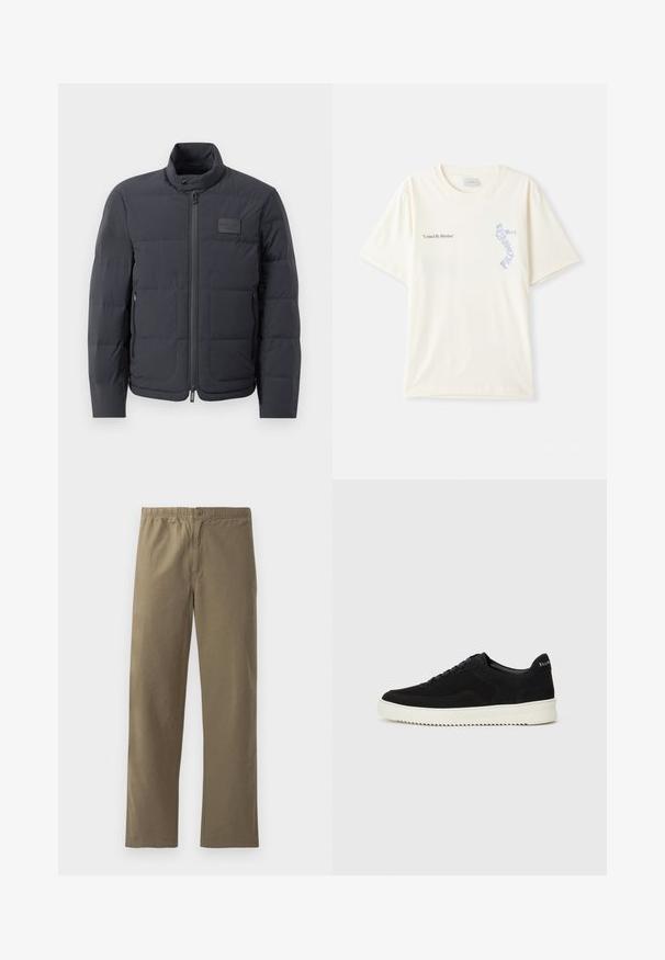 Black puffer jacket with a high collar, quilted texture, and a front zipper. Features a small logo patch on the left chest and side pockets.; White cotton t-shirt with short sleeves, featuring “United By Rhythm” text in black and blue graphic on the chest. Round neck design.; Khaki trousers made of lightweight fabric. Features an elastic waistband, a button closure, straight legs, and a smooth texture.; Black suede sneaker with lace-up design and contrasting white rubber sole. Features textured side panels and subtle branding on the heel.