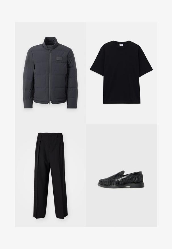 Black puffer jacket with a high collar, quilted texture, and a front zipper. Features a small logo patch on the left chest and side pockets.; Black short-sleeve oversized T-shirt with round neckline and visible Filippa K brand label inside the collar.; Black pleated trousers with a straight, wide-leg design. Made from smooth fabric, featuring a button closure and belt loops.; Black woven slip-on shoe with a smooth leather accent on the upper, a round toe design, and a low-profile rubber sole.