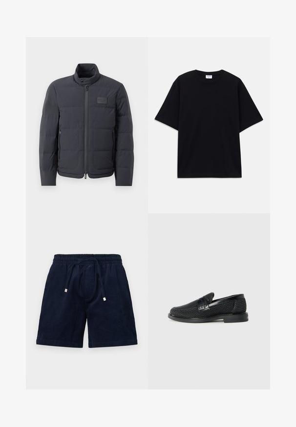 Juodas pūkuotas džemperis su aukštu kaklu, siuvinėta tekstūra ir priekiniais užtrauktukais. Yra mažas logotipo pleistras kairėje krūtinės pusėje ir šoniniai kišeniai.; Juodas trumpas rankovėmis per didelis marškinėliai su apvaliu iškirpimu ir matoma Filippa K prekės ženklo etiketė vidinėje apykaklės pusėje.; Jūriniai korėjiniai šortai su elastinga juosta, reguliuojamu raiščiu ir auksiniais metaliniais galiukais. Savybės: minkšta tekstūra ir tiesus kirpimas.; Juodas pintas slip-on tipo batelis su lygiu odiniu akcentu viršuje, apvalios nosies dizainas ir žemas guminis padas.