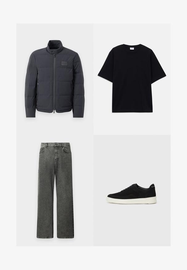 Must musternakk, millel on kõrge kaelus, tikkimise tekstuur ja esi tõmblukk. Iseloomustab väike logopatch vasakul rinnal ja küljetaskud.; Must t-särk, lühikeste varrukatega, üle mõõdu, ümmarguse kaelusega ja nähtava Filippa K brändi sildiga kaelas.; Mustad laia säärega teksapüksid esi- ja tagataskutega, vööaasadega ning vöökoha nööpklambriga.; Mustad suede jooksujalatsid, millel on paelad ja kontrastne valge kummitald. Omab tekstuuriga külgpaneele ja tagasihoidlikku brändimist kandadel.