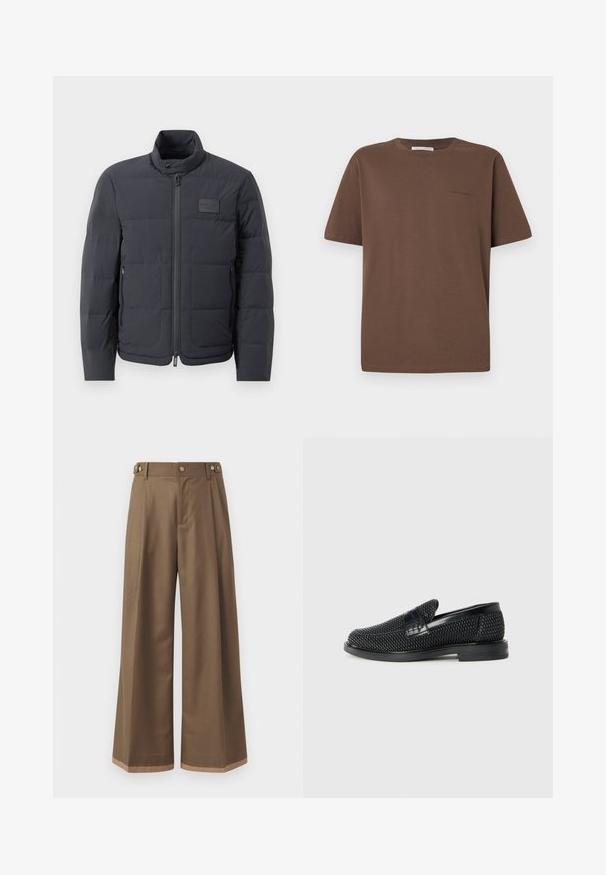 Chaqueta acolchada negra con cuello alto, textura acolchada y cierre frontal. Presenta un pequeño parche con logo en el pecho izquierdo y bolsillos laterales.; Camiseta de algodón marrón con cuello redondo, mangas cortas y un pequeño logo impreso en el frente. Textura de tela plana, ajuste informal.; Pantalones de pierna ancha en un tejido marrón oscuro, con dos bolsillos laterales, dos botones decorativos en la parte delantera y un detalle de dobladillo en contraste.; Zapato negro de tejido con un acento de cuero suave en la parte superior, diseño de punta redonda y suela de goma de perfil bajo.