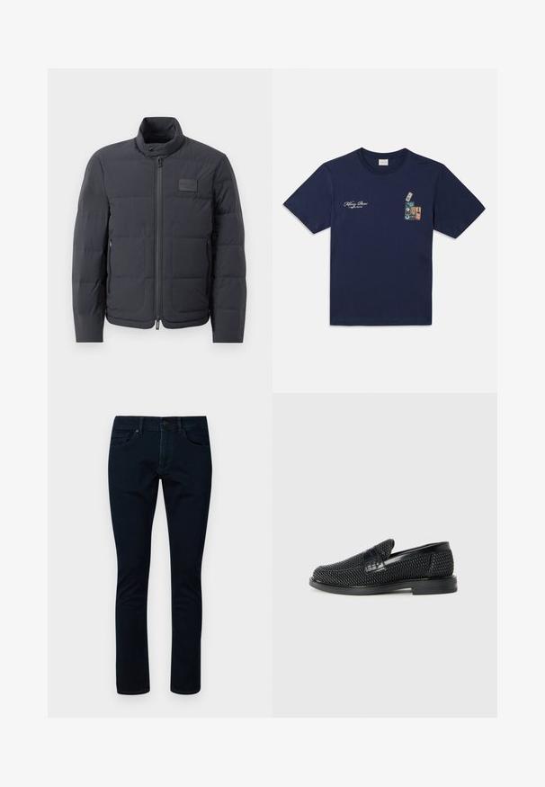 Svart puffjacka med hög krage, quiltad textur och dragkedja framtill. Har en liten logotipp på vänster bröst och sidfickor.; Navyblå bomull t-shirt med kort ärm, med en grafik av staplade kassettband och texten "Killing Bees" på bröstet.; Mörkblå jeans i denim, med en klassisk femficksdesign, rak passform och subtila sömnadsdetaljer på fickorna.; Svart vävd slip-on sko med en slät läderdetalj på ovansidan, med rund tådesign och en låg gummisula.