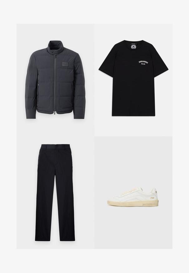Doudoune noire avec un col montant, texture matelassée et fermeture éclair à l'avant. Elle possède une petite étiquette avec logo sur la poitrine gauche et des poches latérales.; T-shirt en coton noir à manches courtes, avec le logo blanc "DSQUARED2 MILANO" sur la poitrine. Design à col rond, texture lisse.; Pantalon noir en tissu léger et texturé, avec une coupe droite, une taille élastique et des poches zippées sur les côtés.; Baskets en cuir blanc avec lacets beiges, semelle en caoutchouc blanc cassé et perforations subtiles. Présente un texte doré "1964" et un logo à l'arrière.