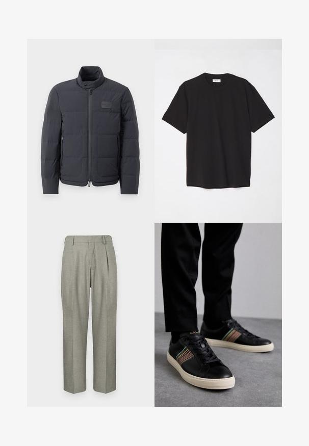 Zwarte pufferjack met een hoge kraag, gewatteerde textuur en een rits aan de voorkant. Beschikt over een klein logo-opdruk op de linkerborst en zijzakken.; Zwarte katoenen t-shirt met een ronde hals, korte mouwen en een ontspannen pasvorm. Eenvoudig ontwerp, gladde textuur en geen zichtbare patronen of logo's.; Lichtgrijze broek van een gestructureerde stof. Kenmerkt zich door een rechte pasvorm, plooien aan de voorkant en een platte tailleband.; Zwarte leren sneakers met multicolored gestreepte accenten, ronde neus en witte rubberen zolen, met vetersluiting en reliëfbranding.