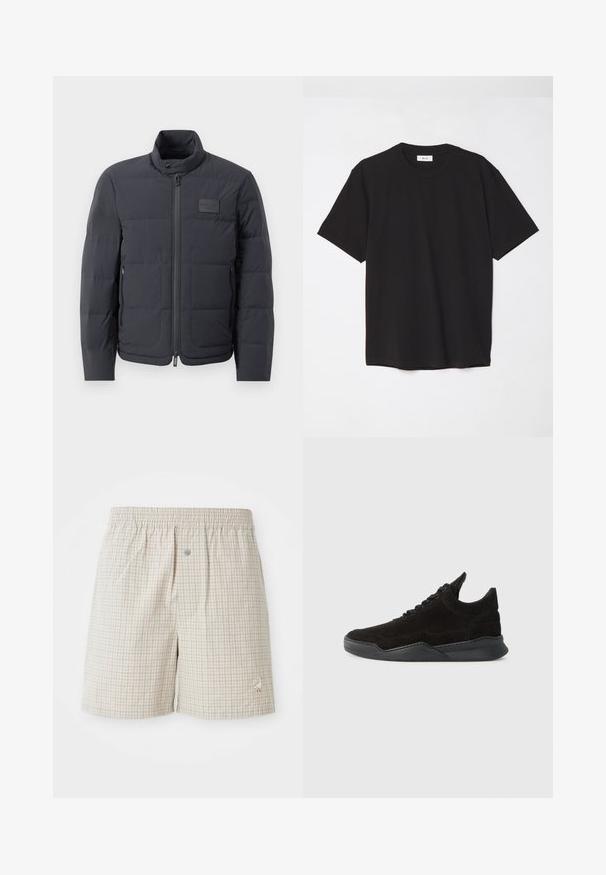 Musta puffatakki korkealla kauluksella, tikattu pinta ja vetoketju edessä. Sisältää pienen logopatchin vasemmassa rinnassa sekä sivutaskut.; Mustat puuvillapaitat, joissa on pyöreä kaula-aukko, lyhyet hihat ja rento malli. Yksinkertainen muotoilu, sileä pinta ilman näkyviä kuvioita tai logoja.; Vaaleanbeige ruudulliset shortsit, joissa on pehmeä tekstuuri, joustava vyötärö ja koristeellinen valkoinen hanhen brodeeraus helman lähellä.; Musta mokkasneakeri matalalla profiililla, teksturoitulla päälliosalla, litteillä nauhoilla ja kiinteällä kumipohjalla, jossa on kevyt korkeus ja kaareva muoto.