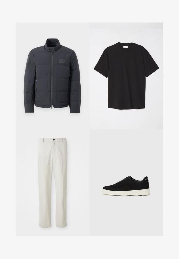 Black puffer jacket with a high collar, quilted texture, and a front zipper. Features a small logo patch on the left chest and side pockets.; Black cotton t-shirt with a crew neck, short sleeves, and a relaxed fit. Simple design, smooth texture, and no visible patterns or logos.; Beige straight-leg pants with belt loops, front button, and zip closure, displayed flat on a white background.; Black suede sneaker with lace-up design and contrasting white rubber sole. Features textured side panels and subtle branding on the heel.