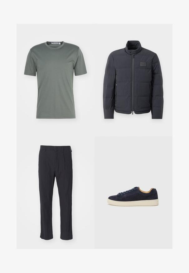 Fekete steppelt dzseki magas gallérral, steppelt textúrával és elülső cipzárral. Bal mellkason egy kis logófolt található, valamint oldalsó zsebek.; Tiger of Sweden OLAF - Basic póló - dark khaki green; Fekete pliszírozott nadrág textúrált anyagból, egyenes lábbal és standard derékpánttal. Nincsenek látható zsebek vagy fémalkatrészek.; Tengerészeti suède alacsony szárú sportcipő kerek orral, törtfehér gumitalppal és hozzá illő fűzőszerkezet; kontrasztos barna belső béléssel rendelkezik.