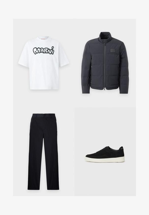 Musta puffatakki korkealla kauluksella, tikattu pinta ja vetoketju edessä. Sisältää pienen logopatchin vasemmassa rinnassa sekä sivutaskut.; Valkoinen lyhythihainen T-paita, jossa on oversized-malli ja mustat rohkeat kuplakirjaimet tekstinä "MARNI" etuosassa keskellä.; Mustat housut, joissa on kevyt, teksturoitu kangas, suora lahje, joustava vyötärö ja sivuvetoketjupussit.; Mustat mokkakengät nauhoilla ja kontrastivalkoisella kumipohjalla. Varustettu teksturoiduilla sivupaneeleilla ja huomaamattomalla brändäyksellä kantapäässä.