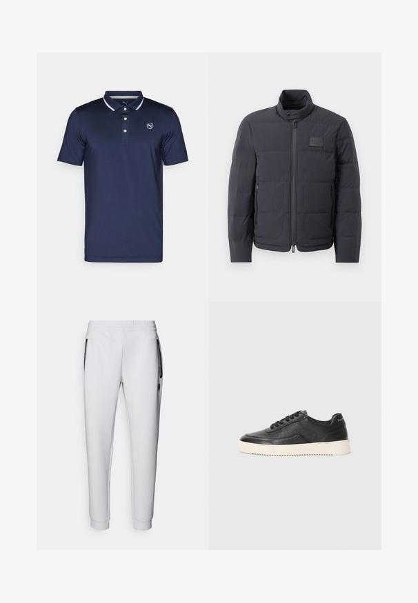 Must musternakk, millel on kõrge kaelus, tikkimise tekstuur ja esi tõmblukk. Iseloomustab väike logopatch vasakul rinnal ja küljetaskud.; Tumesinine polo särk, mis on valmistatud siledast kangast, kolmeknöppliku, valgete krae aktsentidega ning logo vasakul rinnal.; Valged dressipüksid elastse vöökohaga, kahe küljetaskuga, mustade tõmblukkudega ja soonikkudega pahkluude juures. Sile tekstuur.; Must be a black leather sneaks, millelööb, ümar ninaga ja lame valge kummitald. Omab musti paelu ja brändingut kanna peal.
