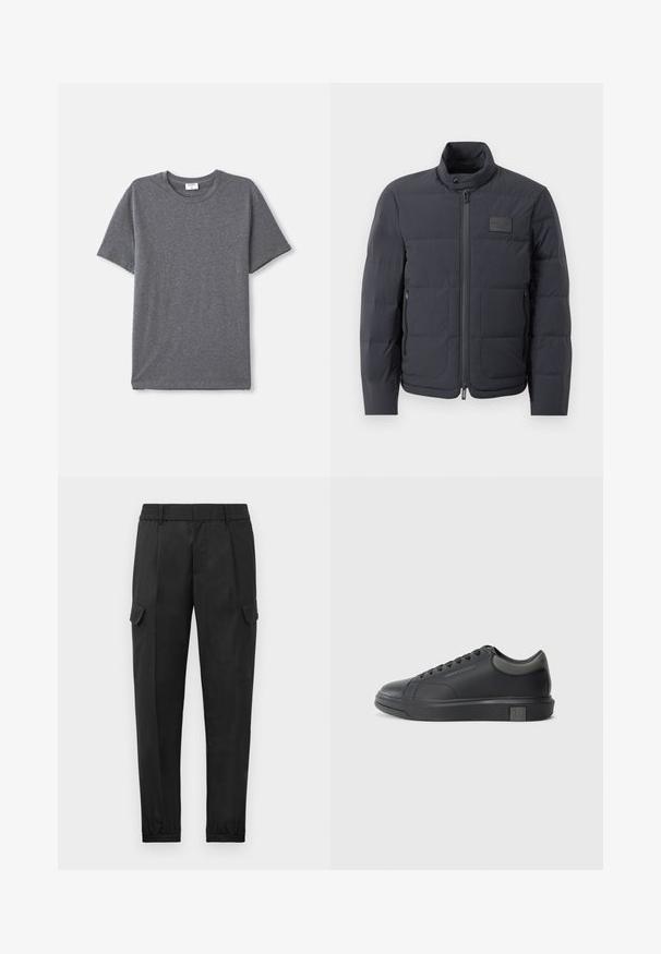 Črna napihnjena jakna z visokim ovratnikom, prešito teksturo in sprednjim zadrgo. Ima majhno logo nalepko na levem prsnem delu in stranske žepe.; Siva majica s kratkimi rokavi iz mehkega in gladkega materiala. Klasičen krožni ovratnik z ohlapnim krojem in brez izrazitih oblikovalskih elementov.; Črne cargo hlače z elastičnim pasom, zoženim hlačnicami, stranskimi žepi in enim cargo žepom na levi stegn. Gladka tekstura.; Črne usnjene teniske s gladko površino, zaobljenim prstom in temno sivo akcenti. Imajo sistem vezanja in teksturiran gumijast podplat.