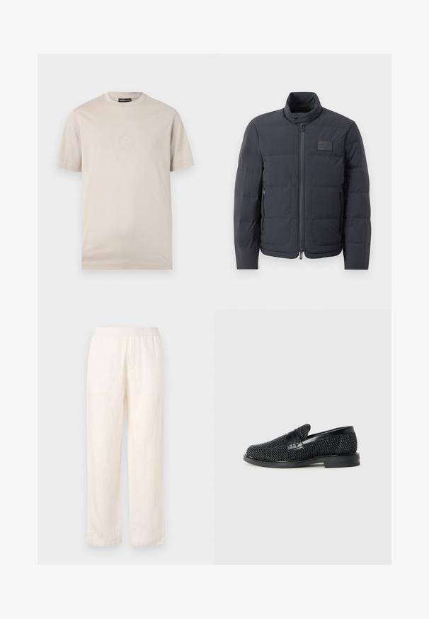 Černá péřová bunda s vysokým límcem, prošívanou strukturou a předním zipem. Obsahuje malé logo na levé straně hrudi a boční kapsy.; Béžové bavlněné tričko s krátkým rukávem, kulatým výstřihem a reliéfním vzorem diamantů na hrudi. Hladká textura, volnější střih.; Lehké kalhoty krémové barvy s elastickým pasem, rovné nohavice a mírná textura. Nemají viditelné kapsy.; Černé pletené nazouvací boty s hladkým koženým akcentem na svršku, kulatou špičkou a nízkoprofilovou gumovou podrážkou.