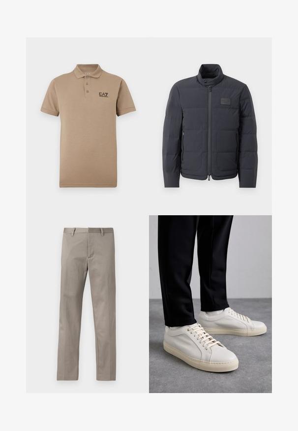 Casaco puffer preto com gola alta, textura acolchoada e fecho éclair frontal. Apresenta um pequeno emblema no lado esquerdo do peito e bolsos laterais.; Polo bege feito de algodão, com uma pala de três botões e um pequeno logótipo preto EA7 no peito esquerdo. Mangas curtas.; Calças cinza claro com corte direito, feitas de tecido suave, apresentando frente lisa e cós padrão com passadores para cinto.; Tênis de couro bege claro com atacadores planos, uma superfície texturizada e uma sola de borracha creme contrastante, combinados com calças pretas ajustadas.