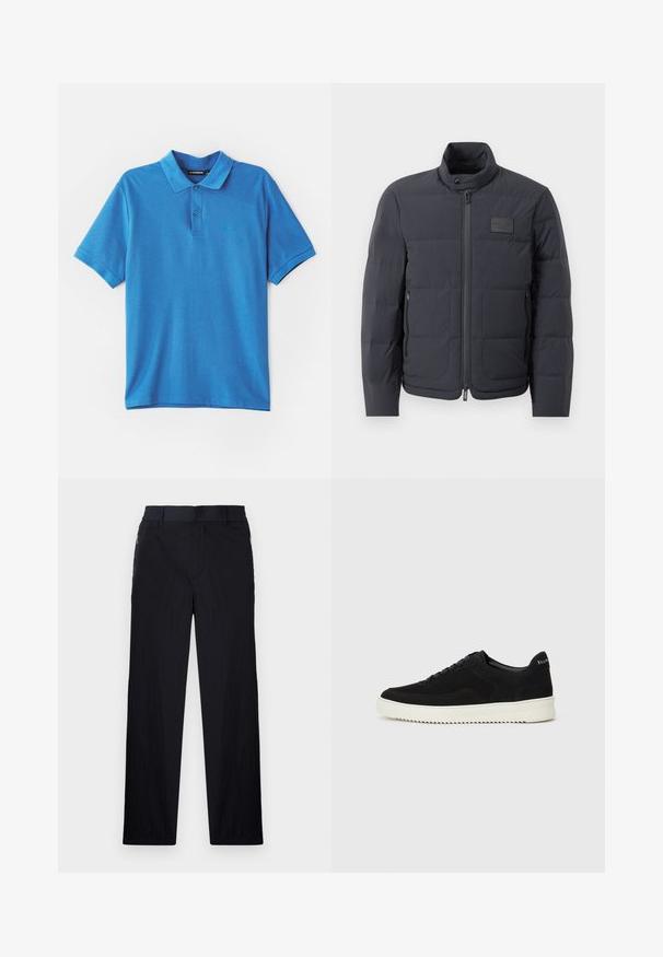 Juodas pūkuotas džemperis su aukštu kaklu, siuvinėta tekstūra ir priekiniais užtrauktukais. Yra mažas logotipo pleistras kairėje krūtinės pusėje ir šoniniai kišeniai.; Mėlyna polo marškinė, pagaminti iš minkštos medžiagos. Yra klasikinis apykaklė, trijų mygtukų kraujosluvė ir mažas logotipas ant krūtinės.; Juodos kelnės, pagamintos iš lengvos tekstūruotos medžiagos, tiesaus silueto, su elastingu juosmeniu ir šoniniais užtrauktukų kišenėmis.; Juodos veliūrinės sportinės bateliai su raištelių dizainu ir kontrastinga balta gumine padais. Yra tekstūruoti šoniniai skydeliai ir subtilus logotipas ant kulno.