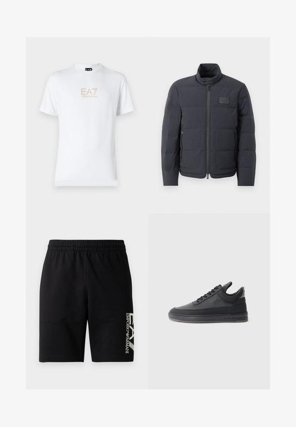 Černá péřová bunda s vysokým límcem, prošívanou strukturou a předním zipem. Obsahuje malé logo na levé straně hrudi a boční kapsy.; Bílé bavlněné tričko s kulatým výstřihem a krátkým rukávem, na přední straně s potiskem zlatého loga EA7 Emporio Armani.; EA7 Emporio Armani TRAIN VISIBILITY - Šortky - black/cream; Černé kožené tenisky s texturovaným povrchem, šněrovacím designem, nízkým střihem a šedou gumovou podrážkou s drážkovaným okrajem.
