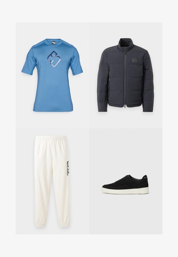 Fekete steppelt dzseki magas gallérral, steppelt textúrával és elülső cipzárral. Bal mellkason egy kis logófolt található, valamint oldalsó zsebek.; Kék sportos, rövidujjú póló sima anyagból, középen sötétkék logóval. Zökkenőmentes vállformázás, kerek nyakkivágással.; Világos bézs szabadidőnadrág rugalmas derékkal és rugalmas szárakkal. A bal lábon fekete nyomott logó található. Puha szövettextúra.; Fekete velúr sportcipő fűzős dizájnnal és kontrasztos fehér gumitalppal. Jellemzői a textúrázott oldalpanelek és a diszkrét logó a sarokon.