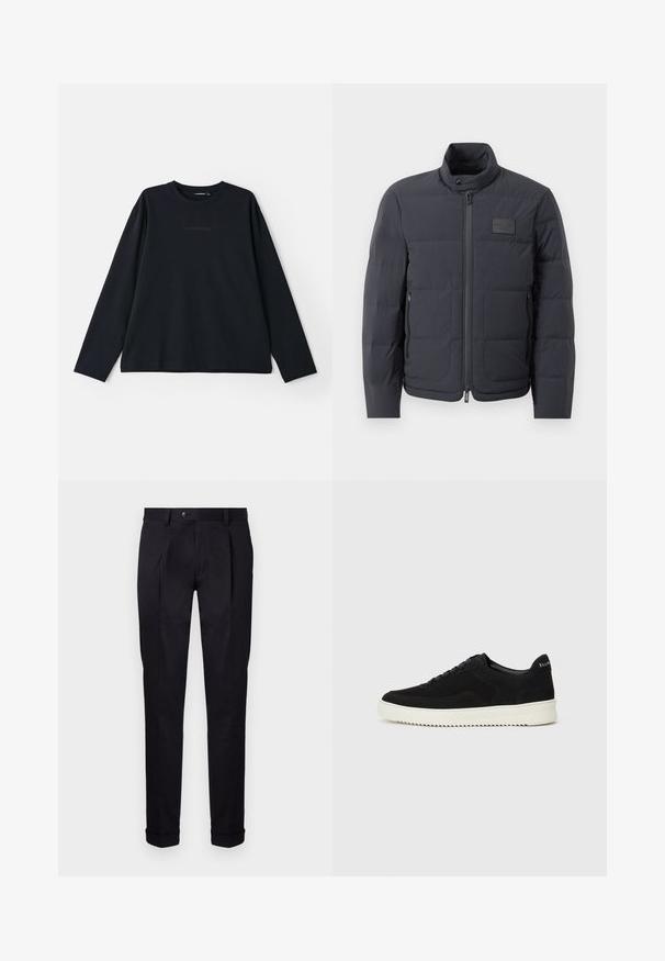 Doudoune noire avec un col montant, texture matelassée et fermeture éclair à l'avant. Elle possède une petite étiquette avec logo sur la poitrine gauche et des poches latérales.; T-shirt noir à manches longues avec col rond, fabriqué en tissu doux. Présente un logo en relief subtil à l'avant et un design à coupe décontractée.; Pantalons noirs sur mesure en tissu lisse, avec une taille plate, deux plis avant et des ourlets à revers pour un look propre et structuré.; Baskets en daim noir avec un design à lacets et une semelle en caoutchouc blanc contrastant. Comprend des panneaux latéraux texturés et un logo subtil sur le talon.