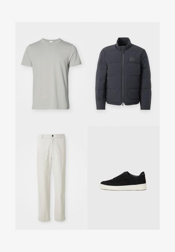 Svart puffjacka med hög krage, quiltad textur och dragkedja framtill. Har en liten logotipp på vänster bröst och sidfickor.; Kortärmad t-shirt i ljusgrå bomull med rund halsringning och rak nederkant. Slät textur, inga mönster eller synlig hårdvara.; Beiga raka byxor med bälteshällor, framknäppning och dragkedja, uppvisade platt på en vit bakgrund.; Svarta mockaskor med snörningsdesign och kontrasterande vita gummisulor. Har texturerade sidopaneler och diskret branding på hälen.