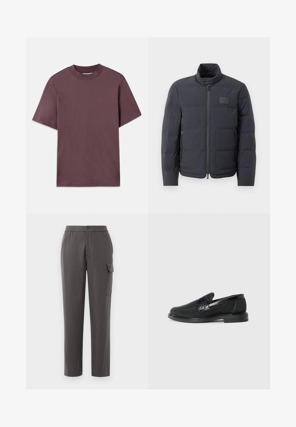 Must musternakk, millel on kõrge kaelus, tikkimise tekstuur ja esi tõmblukk. Iseloomustab väike logopatch vasakul rinnal ja küljetaskud.; Lühikeste varrukatega, ümar kaelusega t-särk tumelillas, pehmest puuvillast. Esifaasil on minimaalne bränding samas värvitoonis.; Hallid hallid püksid, millel on mugav lõige, valmistatud siledast kangast. Varustatud nupukinnisega, küljetaskute ja säärel oleva kargo-taskuga.; Must musta kootud slip-on king, millel on pehme nahast accent ülaserval, ümmargune varvas ja madal profiiliga kummitald.