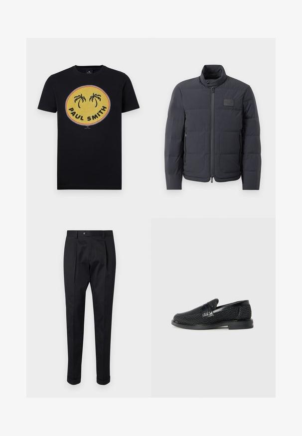 Juodas pūkuotas džemperis su aukštu kaklu, siuvinėta tekstūra ir priekiniais užtrauktukais. Yra mažas logotipo pleistras kairėje krūtinės pusėje ir šoniniai kišeniai.; Juodas medvilnės marškinėliai su geltonu apskritu piešiniu, kuriame pavaizduoti palmių medžiai ir ryškiai išryškintas užrašas "PAUL SMITH". Trumpomis rankovėmis.; Juodos kelnės pagamintos iš lygaus audinio, su raukšle priekyje, mygtuko uždarymu ir suknežintomis rankovėmis ties kulkšnimi.; Juodas pintas slip-on tipo batelis su lygiu odiniu akcentu viršuje, apvalios nosies dizainas ir žemas guminis padas.