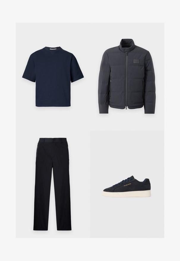 Črna napihnjena jakna z visokim ovratnikom, prešito teksturo in sprednjim zadrgo. Ima majhno logo nalepko na levem prsnem delu in stranske žepe.; Mornarško modra majica s kratkimi rokavi in V-izrezom, izdelana iz mehkega materiala, s sproščenim krojem in minimalističnim dizajnom, brez vidnih vzorcev ali dodatkov.; Črne hlače iz lahke, teksturirane tkanine, ravne noge, elastičen pas in stranski žepki na zadrgo.; Mornarsko modre semiš nizke superge z belim podplatom, mornarskimi vezalkami in z zlatim logotipom "Filling Pieces" na strani.